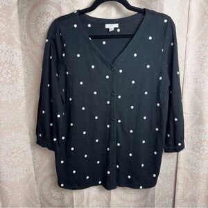 J. Jill Black White Polka Dot Cardigan Blouse Ruffle Cuff 3/4 Sleeve Cotton Sz S